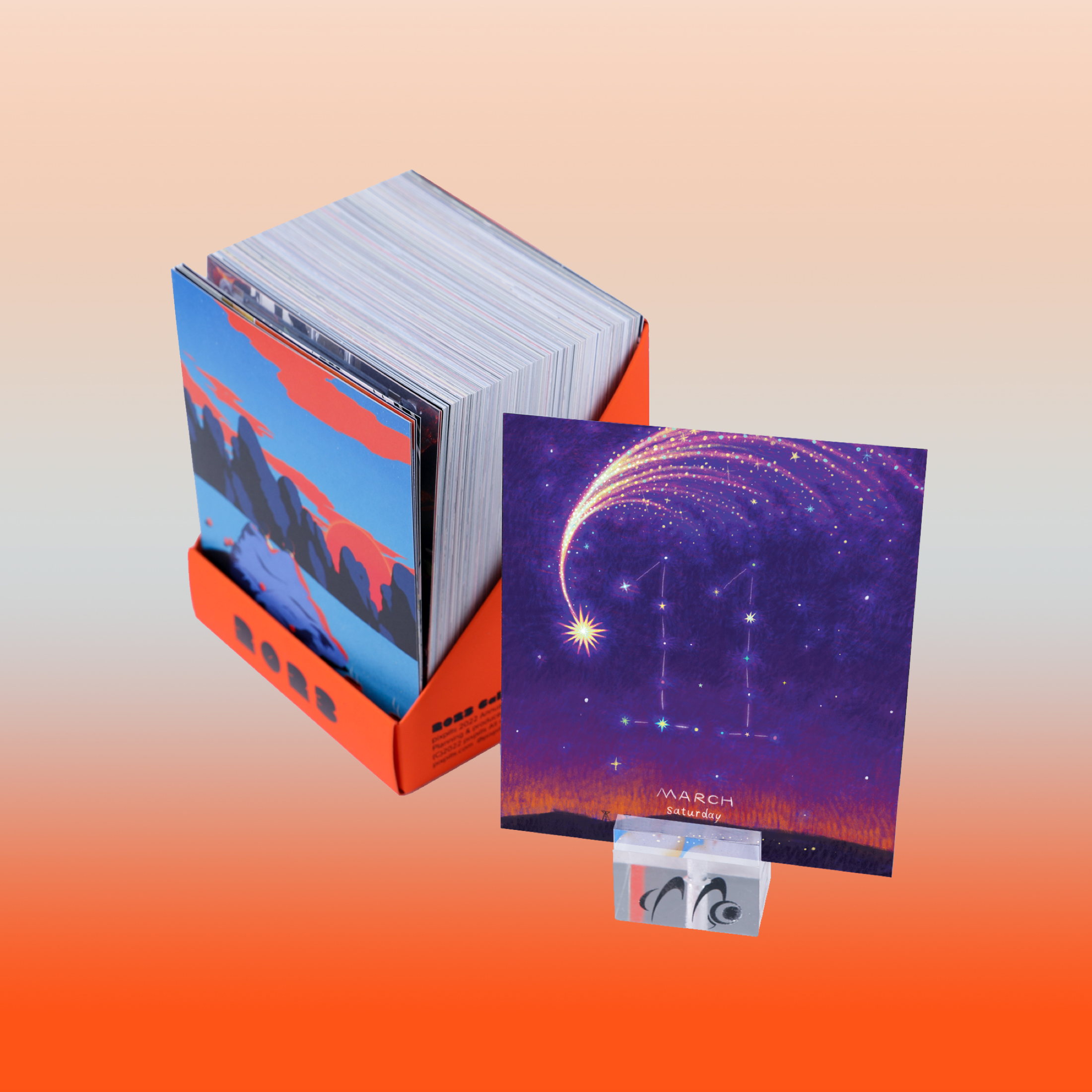 Colourful publication mockup with a bound book and illustrated print.